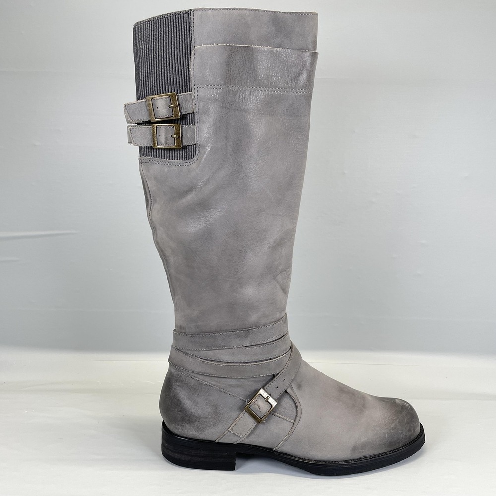 Miz Mooz Kelsey Riding Boots Womens Size 8 Gray Leather Buckle Zip Up Shoes